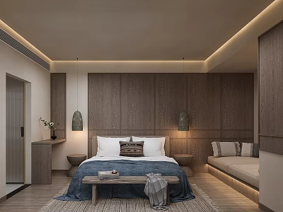 Modern Minimalist Bedroom Interior With Wooden Walls Bed Bench And Pendant Lights 3d model