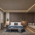 Modern Minimalist Bedroom Interior With Wooden Walls Bed Bench And Pendant Lights