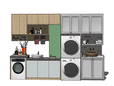 Bathroom Cabinetry with Wooden and Gray Storage Units Washing Machine and Sink 3d model