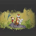 Cartoon Scene With Boy Holding Butterfly Net Tiger On Rock With Apple And Map