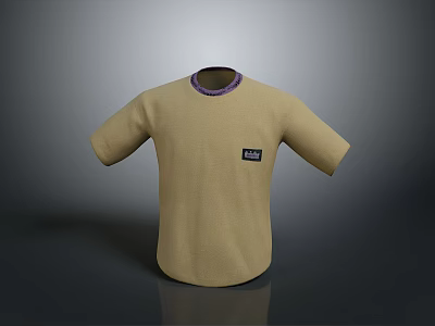 Beige Short Sleeve T-Shirt With Purple Collar And Chest Label Design 3d model