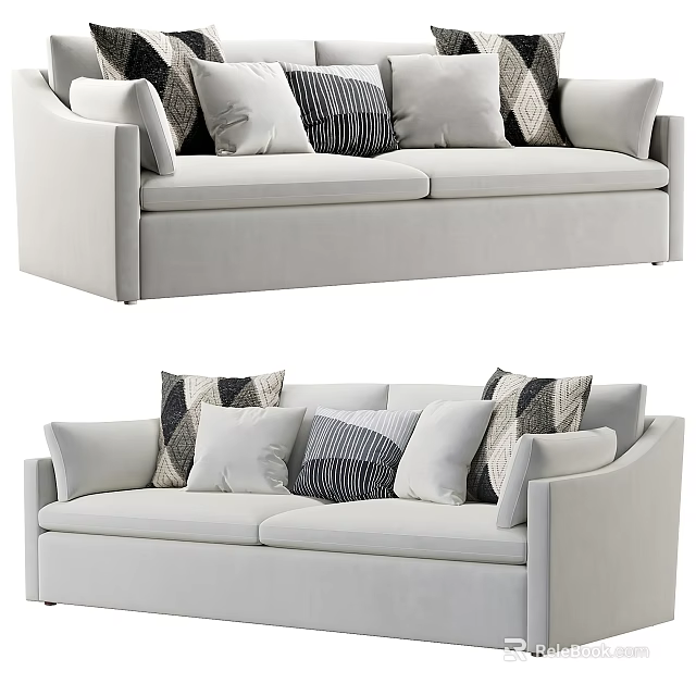 Modern Two Seater Sofa With Soft Beige Upholstery And Decorative Patterned Pillows 3d model