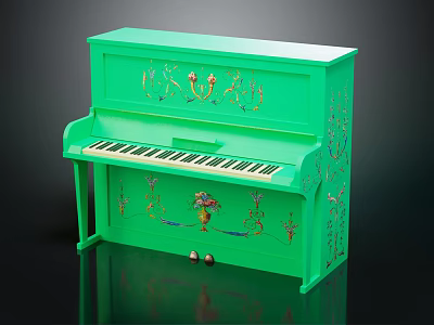 Green Decorative Piano With Painted Floral Art And Musical Design Elements 3d model
