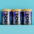 Three Blue and Gold Protein Drink Cans with Star Logo on Blue Background