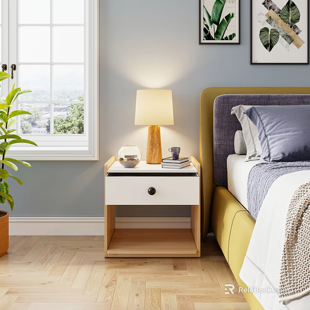 Light Blue Wall Bedroom Nightstand With Table Lamp Books And Cup Next To Bed 3d model 