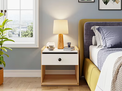 Light Blue Wall Bedroom Nightstand With Table Lamp Books And Cup Next To Bed 3d model