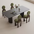 Modern Rectangular Gray Dining Table Set With Green Upholstered Chairs And Decorative Vase