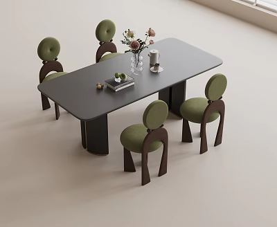 Modern Dining Table and Chair Combination Solid Wood Dining Table Fabric Dining Chair Vase Bouquet 3d model