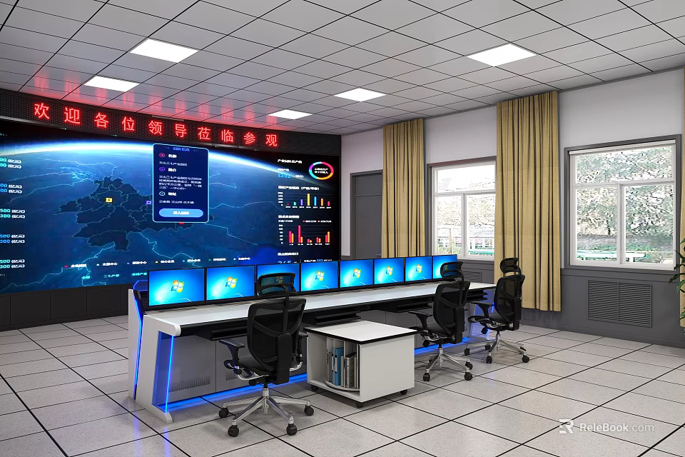 Modern Control Room Desk And Chair Set With Multiple Monitors In Monitoring Center 3d model 