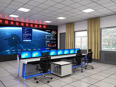Modern Control Room Desk And Chair Set With Multiple Monitors In Monitoring Center 3d model