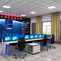 Modern Control Room Desk And Chair Set With Multiple Monitors In Monitoring Center