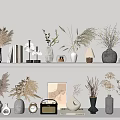 Decorative Ornament Set With Dried Flowers Vases Books And Small Decor On Shelf