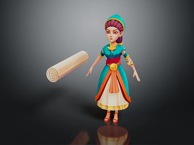 3D Female Character In Traditional Blue Orange Dress With Turban And Scroll 3d model