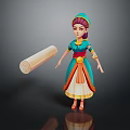 3D Female Character In Traditional Blue Orange Dress With Turban And Scroll