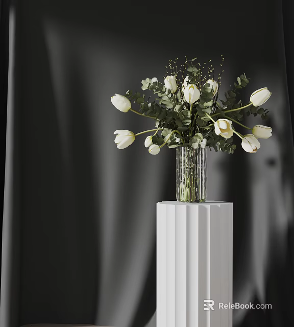White Tulips in Clear Glass Vase on White Pedestal with Greenery and Dark Curtain 3d model 