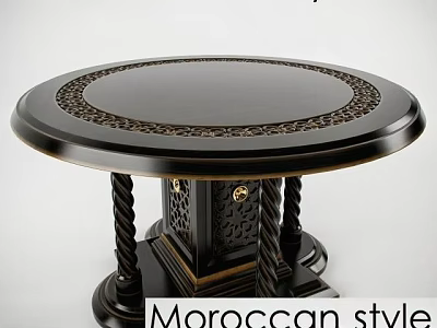 Moroccan Style Round Dining Table With Black Top Ornate Carved Edge And Twisted Rope Legs 3d model