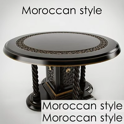 Moroccan Style Round Dining Table With Black Top Ornate Carved Edge And Twisted Rope Legs 3d model