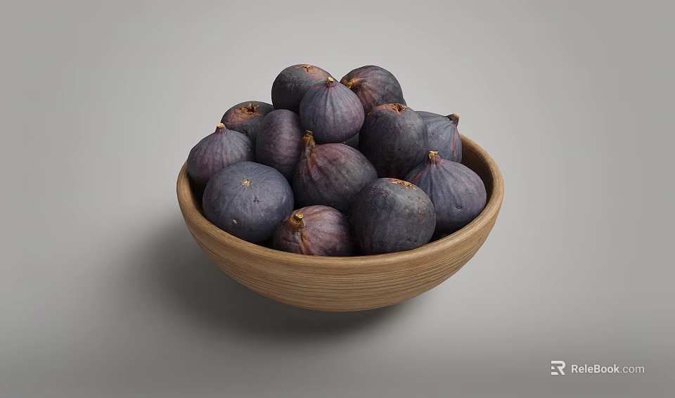Fresh Ripe Purple Figs Placed In A Wooden Bowl On Gray Background 3d model 