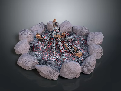 Circular Stone Fire Pit With Stacked Wood Logs And Ash Remnants 3d model