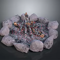 Circular Stone Fire Pit With Stacked Wood Logs And Ash Remnants