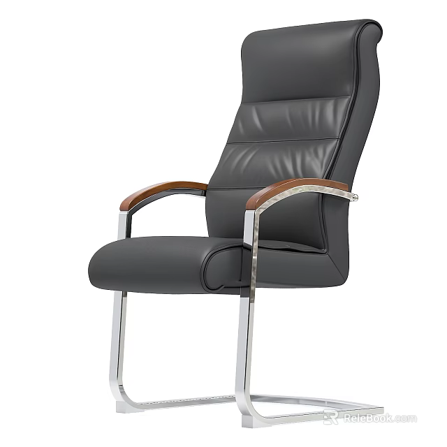 Comfortable Black Leather Office Chair With High Back Wooden Armrests And Metal Frame 3d model 