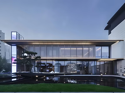 Modern Contemporary Sales Office Architecture With Glass Curtain Walls Water Features And Greenery 3d model