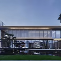 Modern Contemporary Sales Office Architecture With Glass Curtain Walls Water Features And Greenery