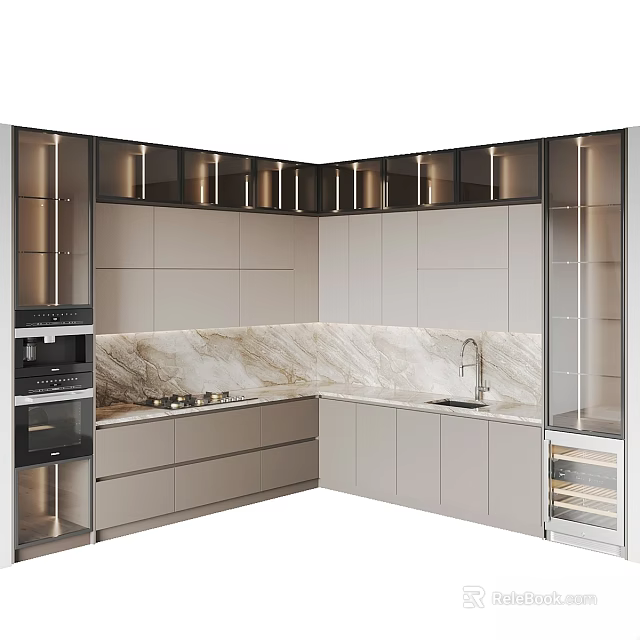 Sleek Modern Kitchen Interior With Marble Countertop Lighting Oven Wine Cooler And Cabinets 3d model 