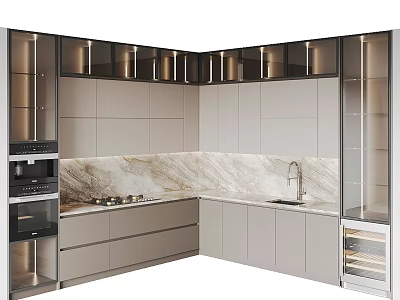 Sleek Modern Kitchen Interior With Marble Countertop Lighting Oven Wine Cooler And Cabinets 3d model