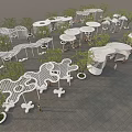 Modern White Pergola with Geometric Design Surrounded by Trees on Paved Outdoor Leisure Area