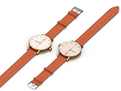 Two Elegant Watches With Brown Leather Straps White Dials And Gold Accents 3d model