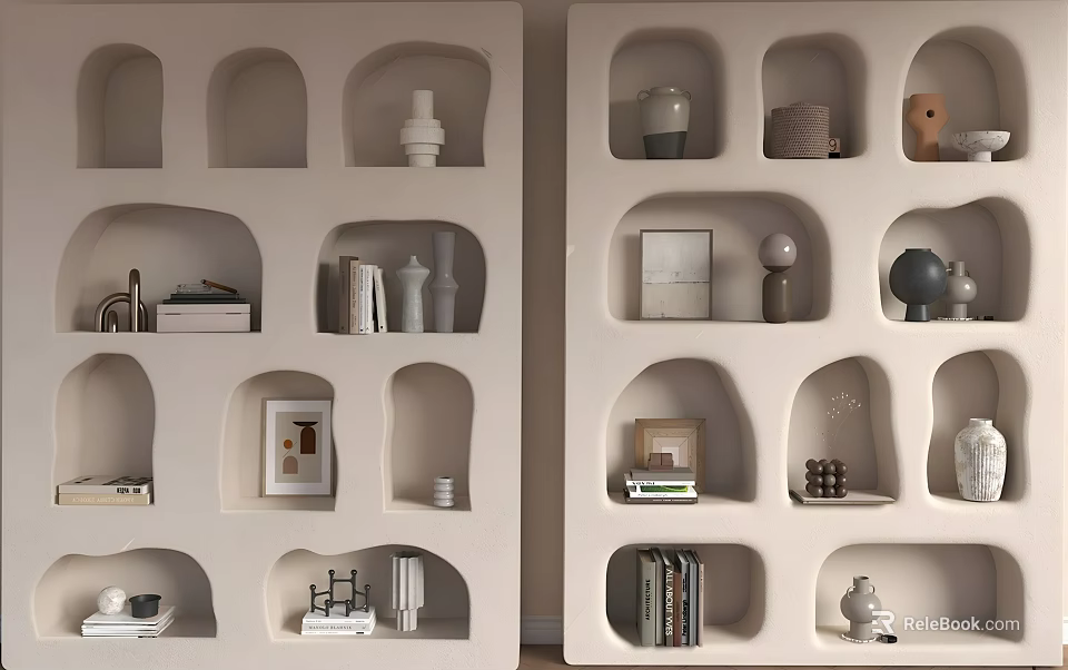 Modern Wall Cabinets With Niche Shelves Displaying Decorative Items And Books 3d model 