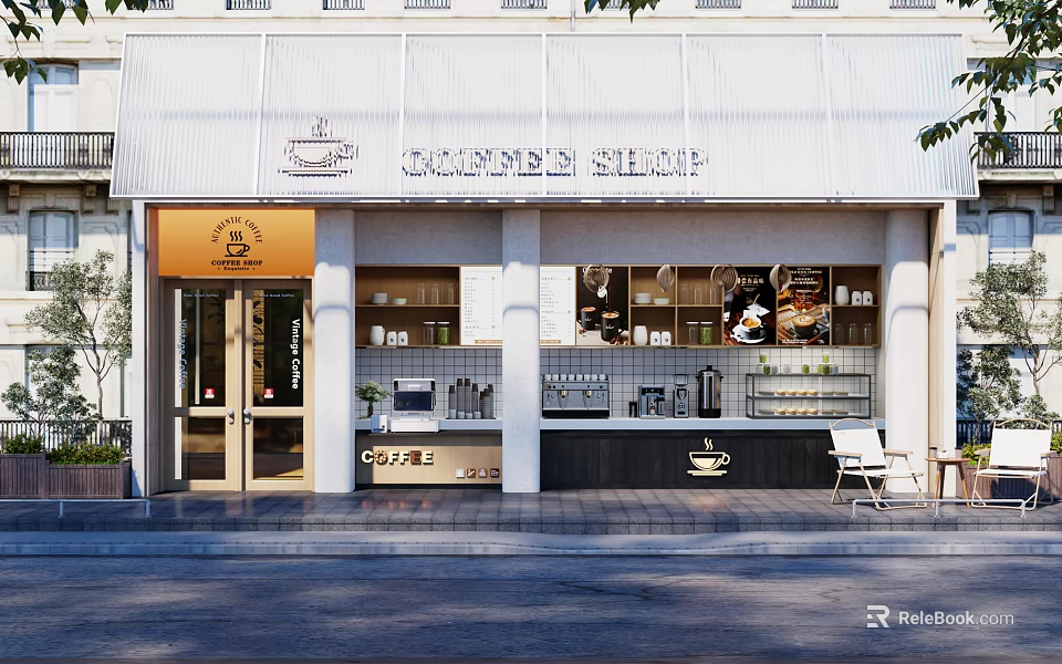 Coffee Shop Storefront With White Awning Glass Door Coffee Machines And Pastry Displays 3d model 