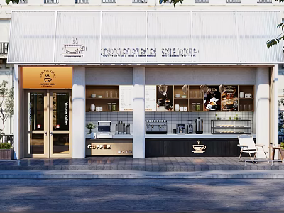 Coffee Shop Storefront With White Awning Glass Door Coffee Machines And Pastry Displays 3d model