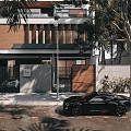 Modern Detached Villa Exterior With Wooden Elements And Black Car Parked Outside