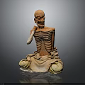 Emaciated Man Statue Sitting on Ground with Tattered Clothes and Wooden Cane Against Gray Background