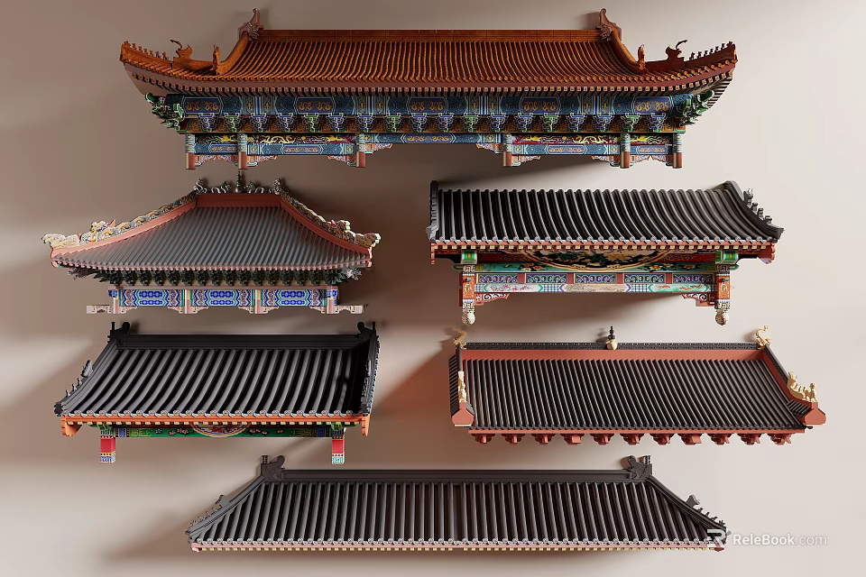 Traditional Chinese Ancient Architecture Roofs in Various Styles with Decorative Tiles and Painted Eaves 3d model 