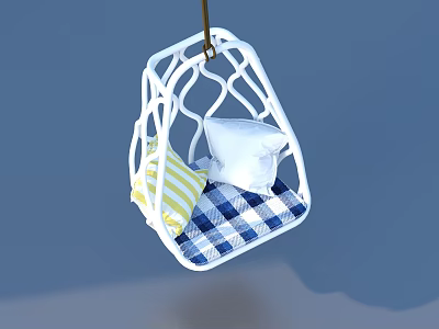 White Openwork Hanging Chair With Blue White Checkered Cushion And Yellow Striped Pillows 3d model