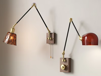 Stylish Wall Lamps With Adjustable Arms Brass Hardware Amber Red Glass Shades And Wooden Bases 3d model