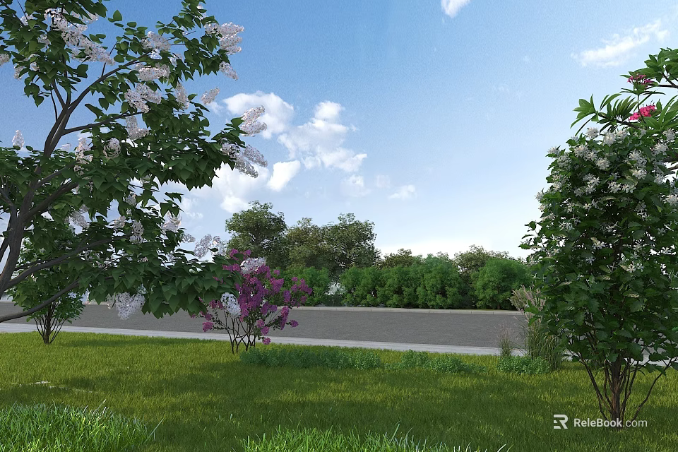 Lush Garden Landscape With Green Lawn Flowering Trees And Clear Blue Sky 3d model 