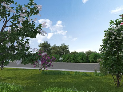 Lush Garden Landscape With Green Lawn Flowering Trees And Clear Blue Sky 3d model