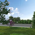 Lush Garden Landscape With Green Lawn Flowering Trees And Clear Blue Sky
