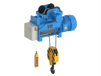 Industrial Electric Hoist With Blue Motor Steel Cable Drum Yellow Hook And Control Pendant 3d model