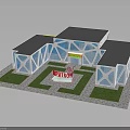 Geometric Exhibition Building Featuring White Frame Blue Glass Black Roof And Green Lawn