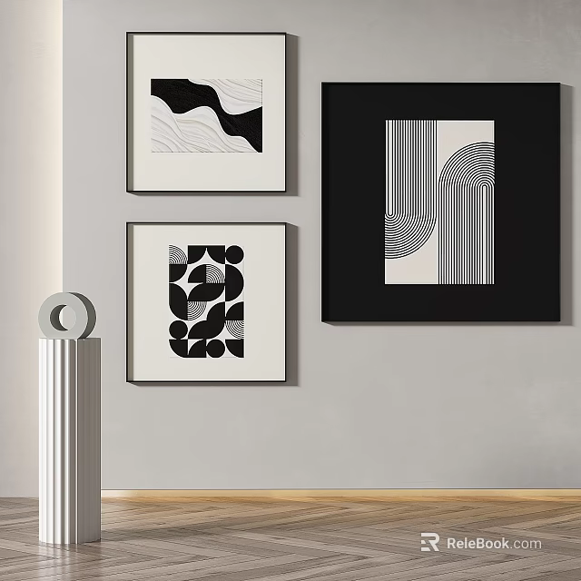 Black Framed Abstract Paintings With Geometric Patterns Wavy Lines On Wall And White Cylindrical Decor 3d model 