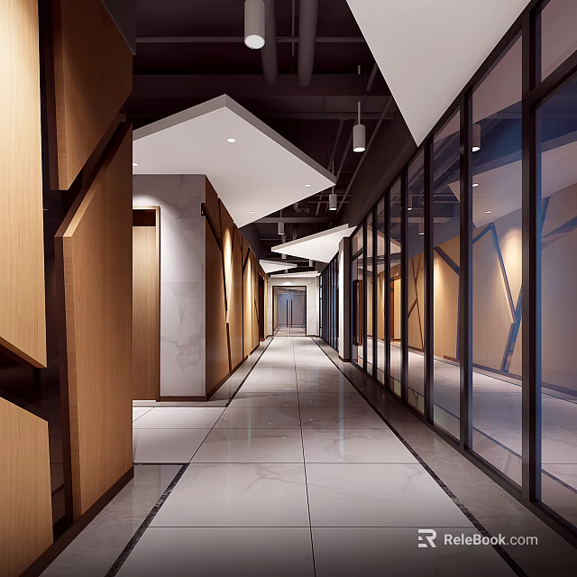 Modern Office Corridor Interior With Glass Partitions Wooden Walls Marble Flooring And Ceiling Lights 3d model 