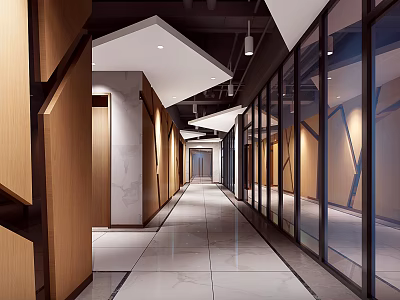 Modern Office Corridor Interior With Glass Partitions Wooden Walls Marble Flooring And Ceiling Lights 3d model