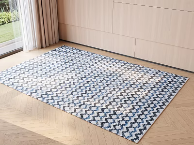Stylish Square Carpet With Blue And White Geometric Pattern On Wooden Floor 3d model