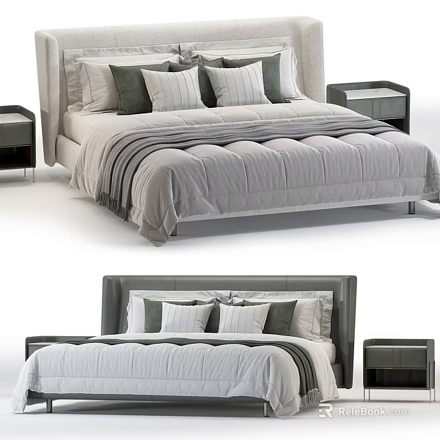Modern Double Bed With Striped Bedspread Gray Pillows And Matching Nightstands 3d model
