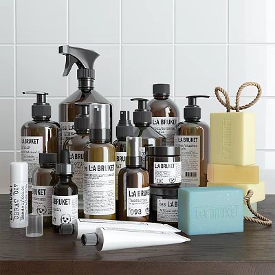 Perfume And Cosmetic Products Display With Various Bottles Soap Bars And Skincare Items 3d model